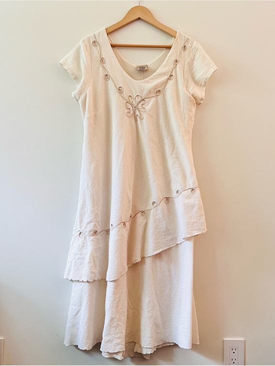 Aztec Lindo Dresses & Skirts - Azteca Lindo Embroidered Layered Tiered Cream Cotton Midi Dress XXL Measures L